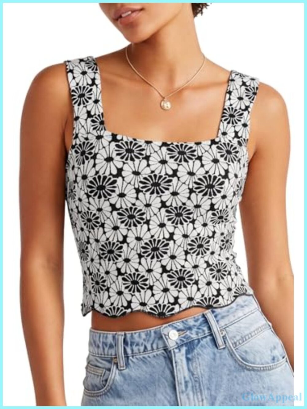 Square Neck Wide Strap Crop Tank Top Slim Fit Lettuce Sleeveless Cami